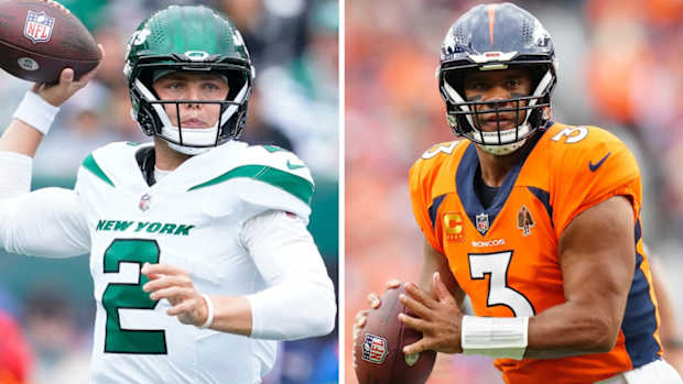 New York Jets quarterback Zach Wilson and Denver Broncos quarterback Russell Wilson.